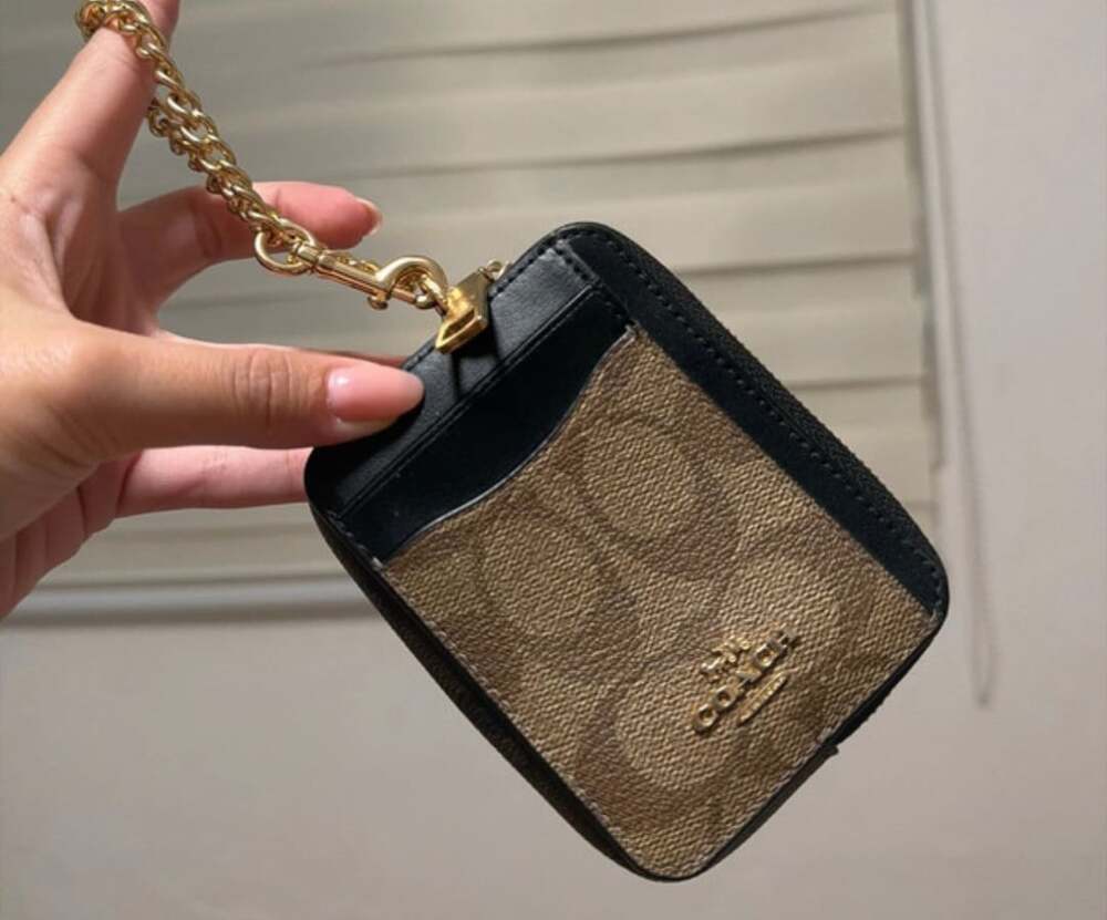 Coach Zip Card Case Signature Coated Canvas Chain Wrist Strap